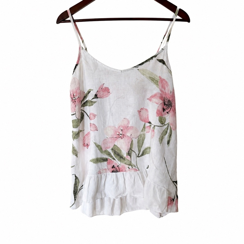Made in Italy 100% Linen Floral Ruffle Camisole Tank Top White Pink Small